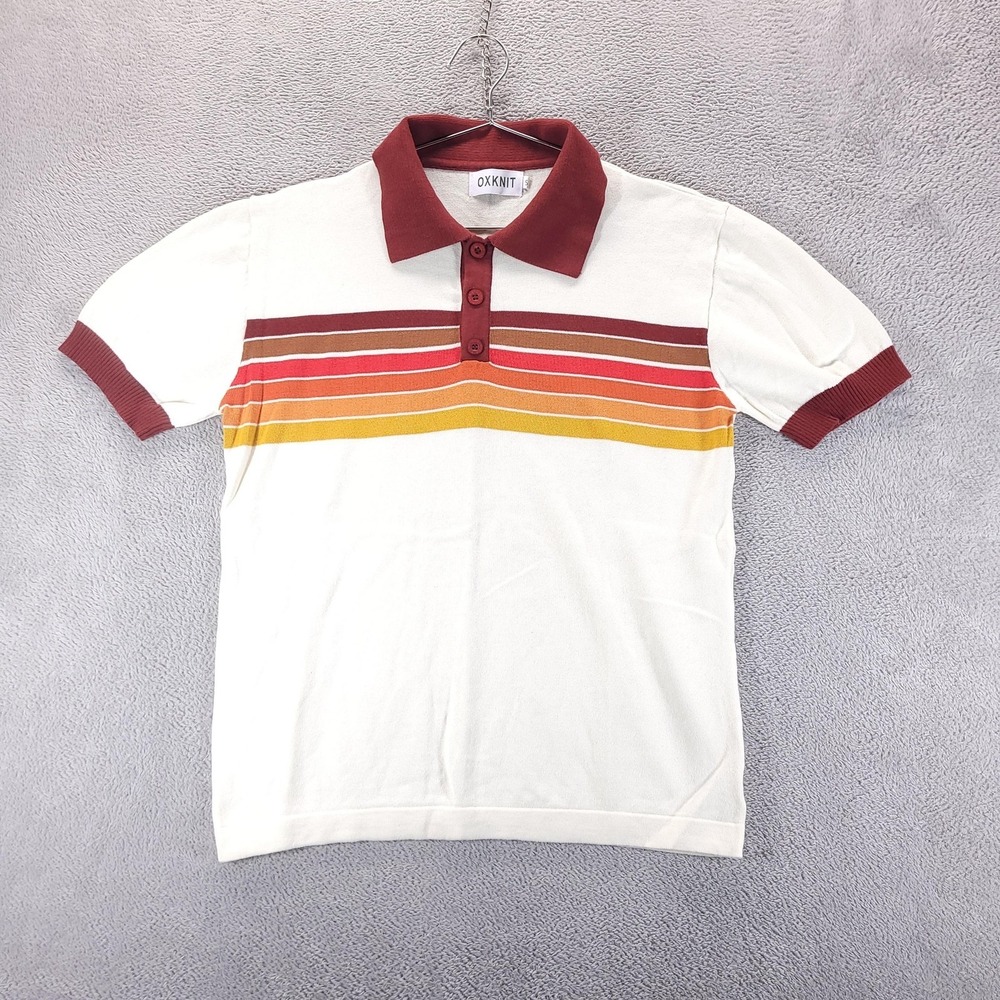 OXKNIT Polo Shirt Mens S White Stripe Sweater Knit Cotton Retro 70s Short Sleeve